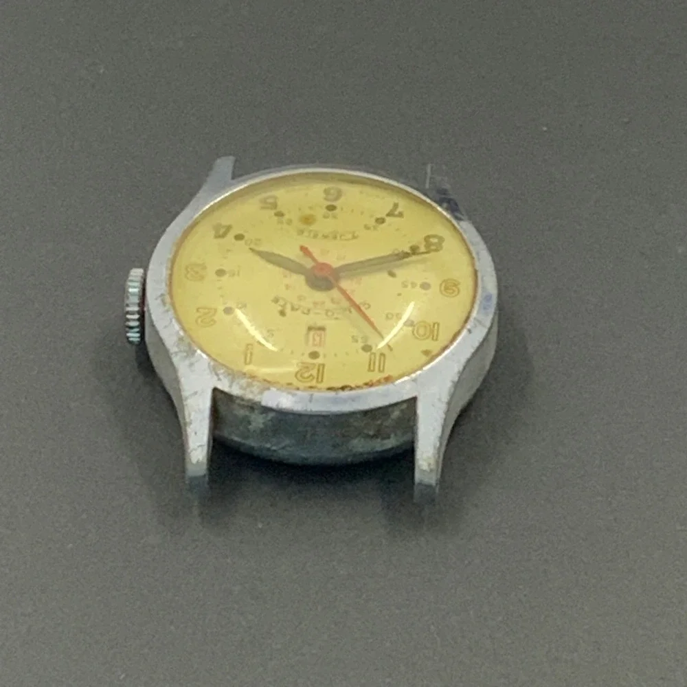 Vintage Cal-O-Date Swiss 7 Jewels Manual Wind Watch Head for Parts or Repair